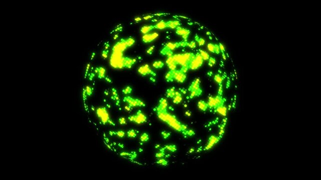 Abstract Digital Sphere with Pulsating Green and Yellow Pixels
