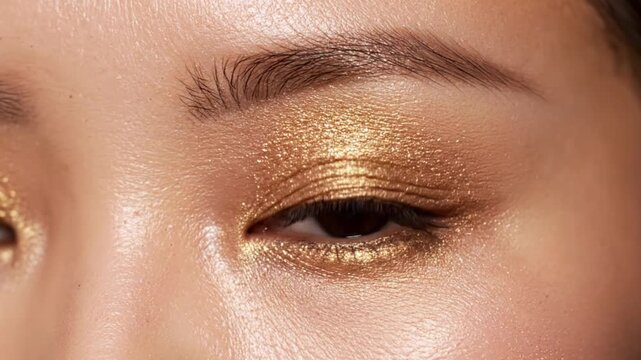 Exquisite close-up macro shot captures the stunning, shimmering, highly pigmented gold glitter eyeshadow application beautifully defining the almond-shaped eye and perfectly arched eyebrow.