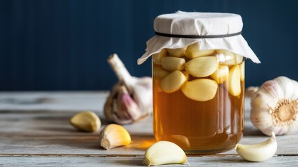 Garlic cloves fermenting in a jar with honey on a wooden table