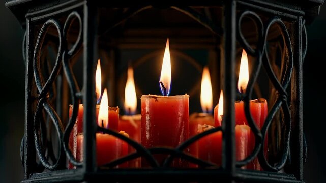 Candlelight glow inside decorative metal lantern with red wax candles festive mood