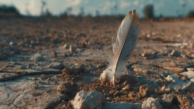 A lone feather stands upright in arid, cracked earth, against a soft-focus landscape