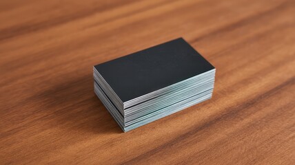 Stack of blank black business cards on wooden desk