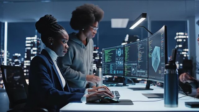 Focused female programmers working late at the office, coding and designing software in a high-tech environment with multiple screens. video