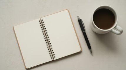 Blank notebook with pen and coffee on textured surface