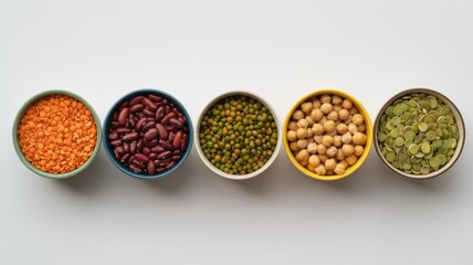 Assorted legumes in colorful bowls on white background