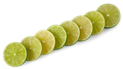 Fresh lime slices arranged in a row on white background