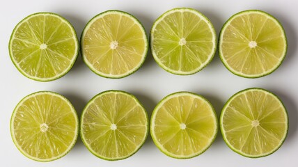 Fresh lime slices arranged neatly on white background