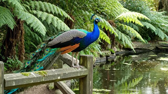 Peacock standing on wooden fence by pond in lush green forest