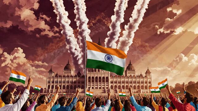 Patriotic crowd waves Indian flags as jets fly over historic building