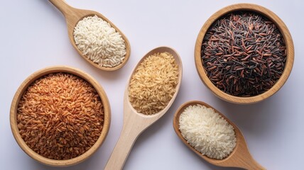 Assorted rice varieties in wooden bowls and spoons on white background