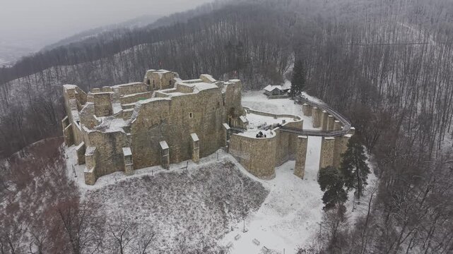 Targu Neamt fortress citadel filmed in the winter with drone
