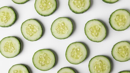 Fresh cucumber slices arranged on white background