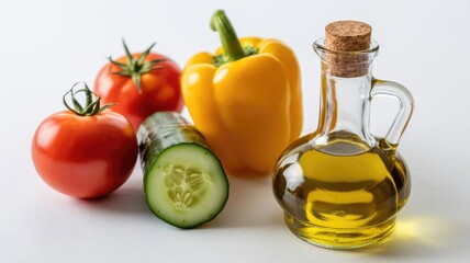 Fresh vegetables and olive oil on white background
