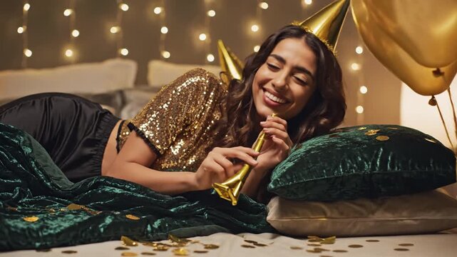 Young woman in party hat blowing horn on bed at night