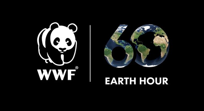 The WWF logo and "60 EARTH HOUR" text, with the number 60 textured as a globe, are shown on a dark background.