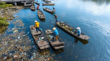 Obraz premium Fishermen collect waste from water using boats in a river filled with garbage in a rural area