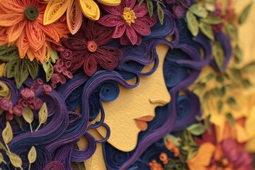 Intricate paper filigree artwork depicts the profile of a woman adorned with elaborate floral arrangements