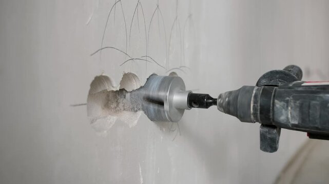Professional Electrician Drilling Wall Openings for Socket Installation