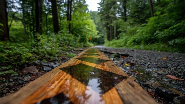 A rain-soaked, wooden barricade in a lush green forest, leading to a path ahead