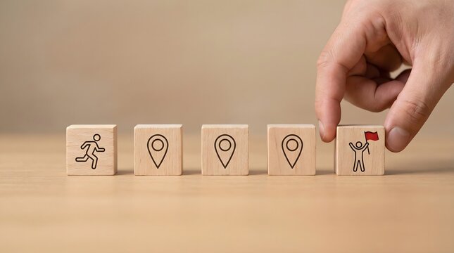 hand placing wooden block with winner flag and success concept
