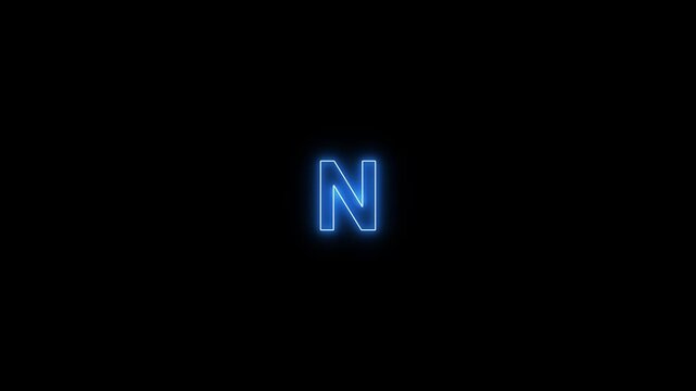 Glowing neon light N text animation on black background. Abstract neon blue color text . English alphabet education type word writing letter neon line skip left icon animation.