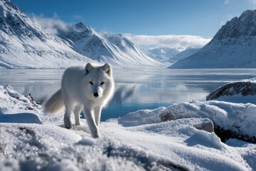 Naklejka premium Arctic fox walking on snow with mountains and lake in the background during clear day