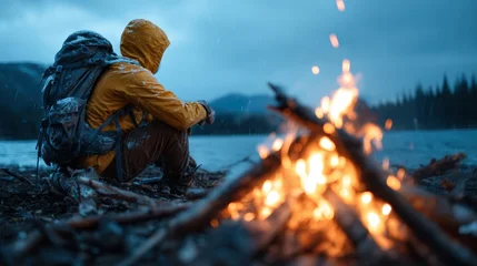 Stickers Ziekenhuis A lone hiker sits by a crackling campfire, gazing at a serene lakeside under rainy skies. This image highlights solitude, reflection, and the beauty of nature.  © Pinklife