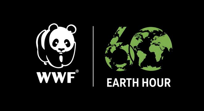 The WWF logo and Earth Hour 60 logo are displayed side-by-side on a black background, symbolizing their partnership for environmental protection.