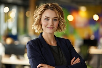Obraz premium Confident young businesswoman poses with arms crossed in a brightly lit, modern workspace