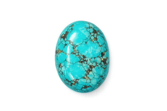 Polished turquoise cabochon with intricate matrix patterns on a black background