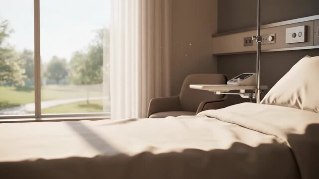 hospital bed in a modern hospital room. The bed is empty and the room is clean and bright. The photo is taken from a patient's perspective. video