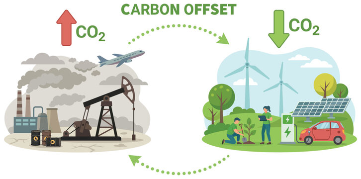 Carbon Offset: Visual representation of carbon offset, where carbon emissions from industrial sources are balanced by actions to reduce greenhouse gases.