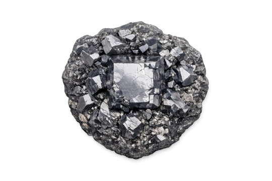 Close-up of a cluster of metallic galena mineral crystals on a dark background