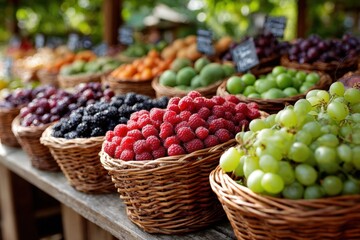 Fresh Berries and Fruits in Wicker Baskets at Market