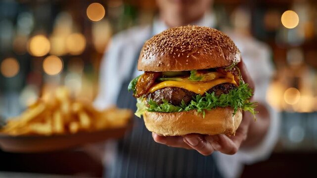 Chef presents gourmet cheeseburger with crispy fries at elegant restaurant setting