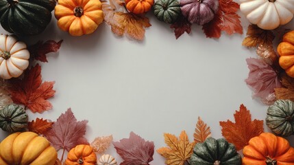Fototapeta premium October harvest display with pumpkins and autumn leaves on a light background for seasonal decoration