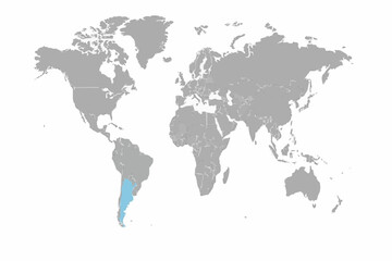 Obraz premium Full 2D World Map Vector with Argentina Highlighted in Light Blue - Professional South America Geography