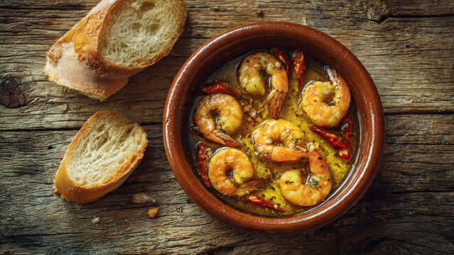A professional flat lay of Spanish garlic shrimp served in a clay bowl with bread on a rustic wooden table from directly above
