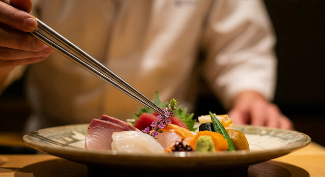 Close-up of Japanese chef delicately garnishing a sashimi platter with chopsticks in a high-end restaurant