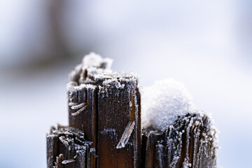 冬の朝に霜と雪帽子を被った木の杭 / Wooden post with frost and a snow cap on a winter morning