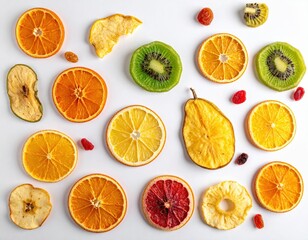 Colorful assortment of dried fruit slices including orange, kiwi, lemon, apple, and pear, arranged artfully on a white background, representing healthy snacking