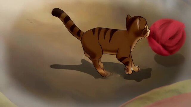 Cartoon cat animation chasing red yarn ball cute feline character design