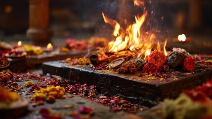 Ceremony takes place at a sacred fire in a temple with flowers around during the evening hours