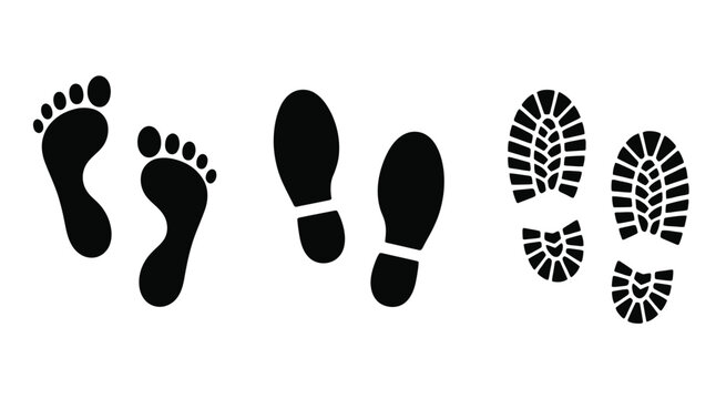 Shoe and Barefoot Footprint Vector Set, Including Shoe Soles and Bare Foot Impressions for Educational Materials, Outdoor Tracking, Signage, and Graphic Design Applications.