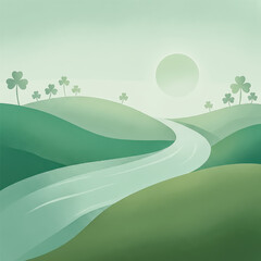 Obraz premium green landscape of rolling hills with a winding road and shamrocks under a pale sun. Modern St. Patrick's Day concept.Minimalist St. Patrick's Day landscape with shamrocks. Vector illustration