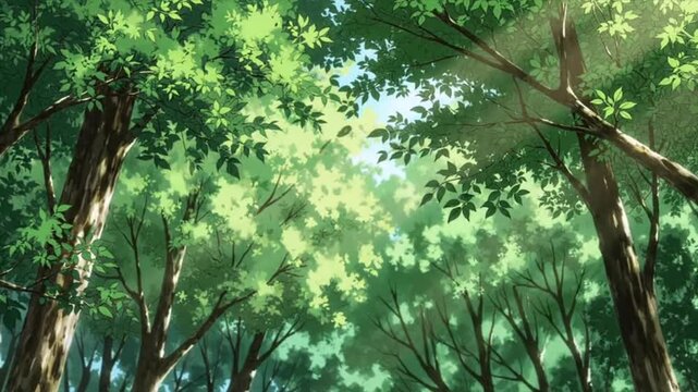 A serene forest scene in japanese anime style with lush green trees.
