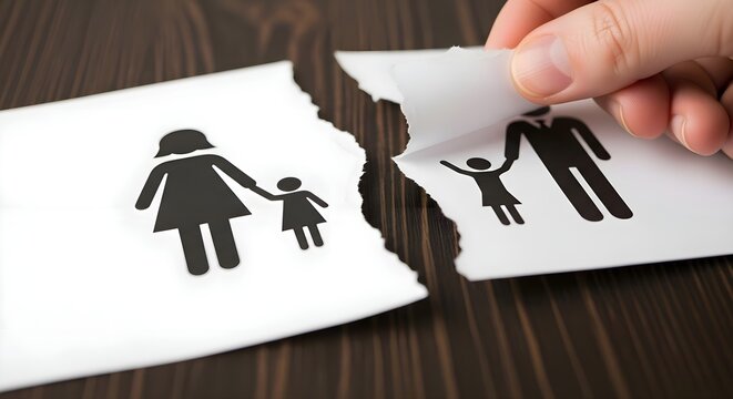 Family Divorce Split: Hand tearing paper with family icon of parents and child, broken home, marriage separation, legal custody battle, domestic relationship and breakup concept