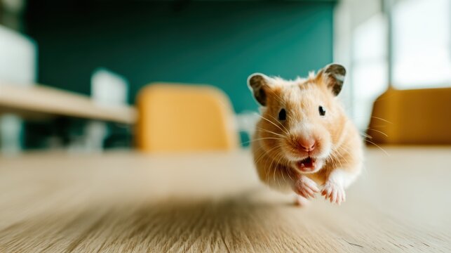 An adorable hamster scurries across a wooden floor, showcasing its playful personality, capturing the essence of joy and spontaneity in a cozy indoor setting.