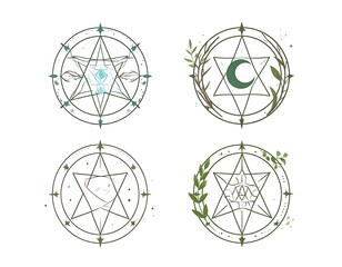 Four circular designs featuring interconnected star-like patterns and natural elements