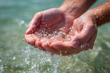 Fototapeta premium Hands hold water with droplets falling into the clear sea on a sunny day at the beach
